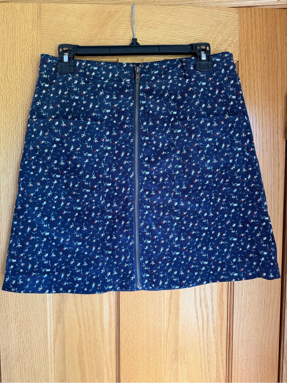 Chance Floral Corduroy Mini Skirt Size Large Navy Blue Full Zip Front A-Line